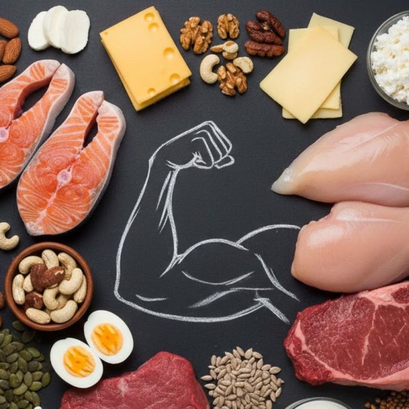 Protein and muscle growth. Composition with high protein food